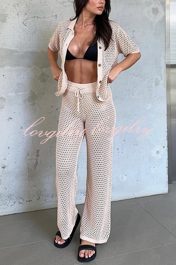 Fashion Hollow Loose Short-sleeved Top and Elastic Waist Casual Wide-leg Pants Set
