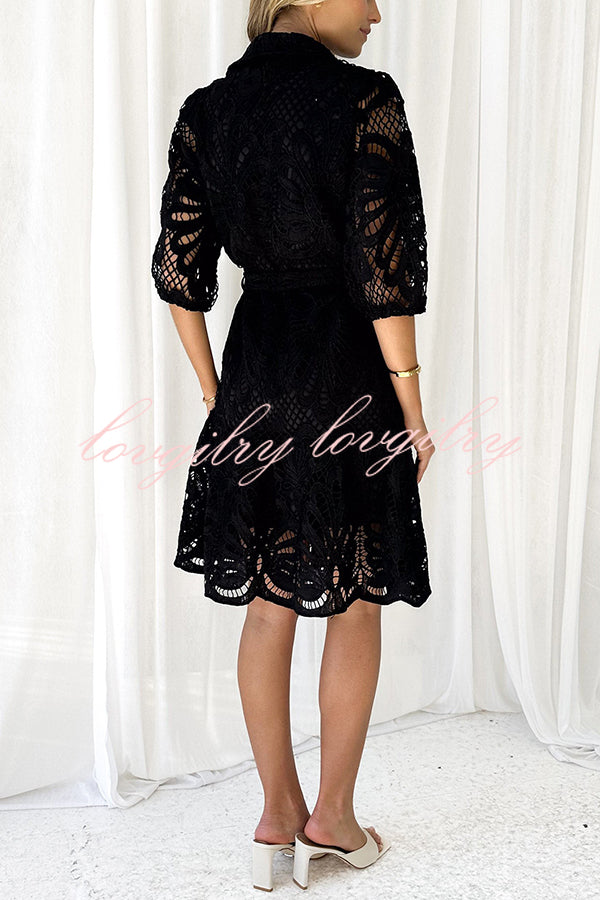 Solid Color Lace Cutout Balloon Sleeves and Waist Tie Mini Dress