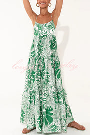 Botanical Floral Print Sexy Sling Backless Maxi Dress