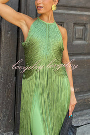 Fashion Sleeveless Halter Neck Elegant Tassel Slim Maxi Dress
