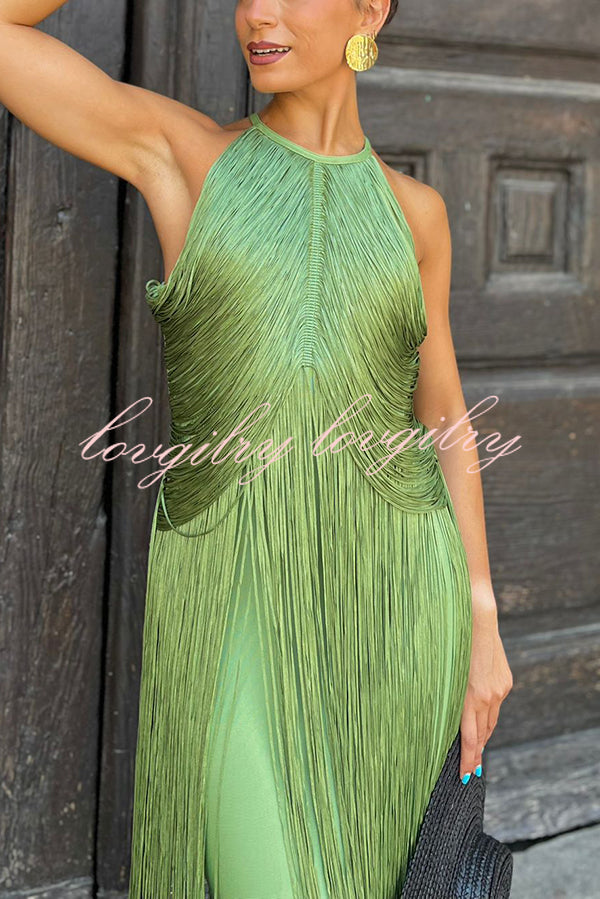Fashion Sleeveless Halter Neck Elegant Tassel Slim Maxi Dress