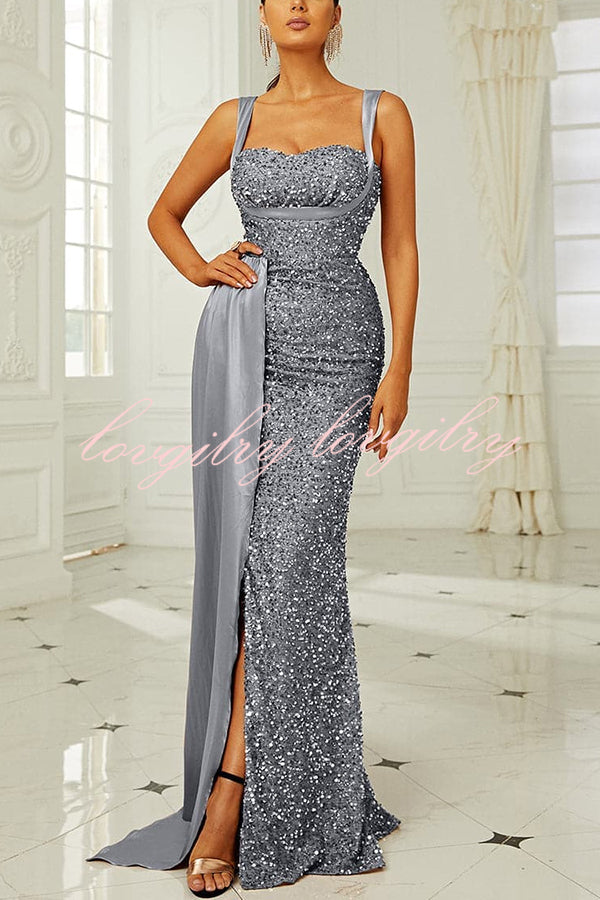 Banquet Sequined Backless Strappy Fishtail Maxi Dress