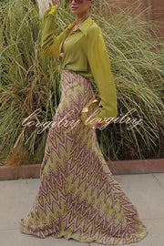 Moonlit Waltz Knit Jacquard Zigzag Print High Rise Stretch Flare Maxi Skirt