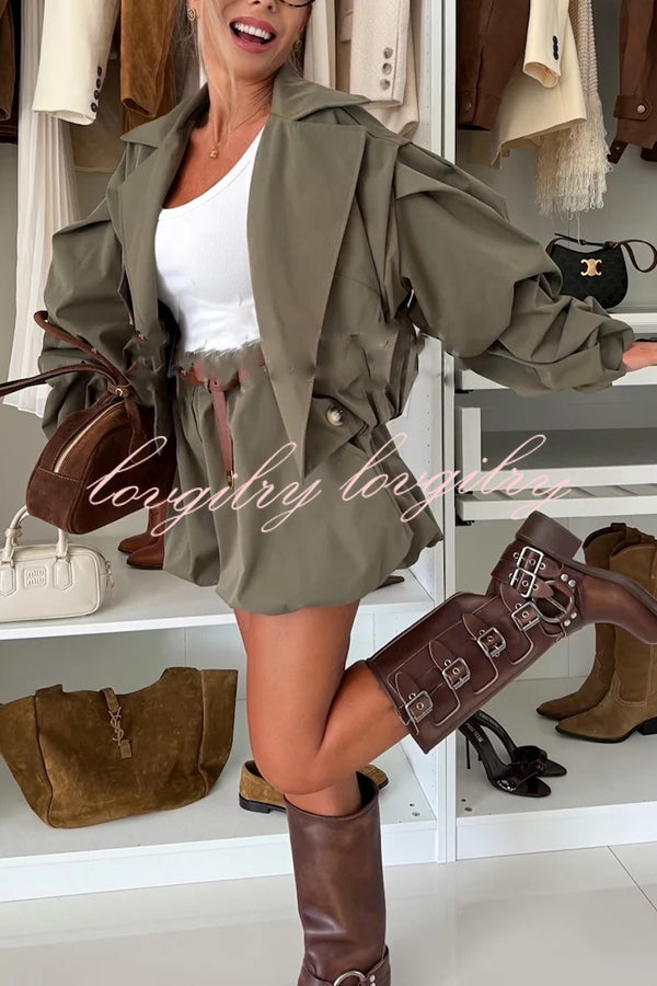Fashion Style Button Long Balloon Sleeve Pocket Lapel Casual Bomber Jacket