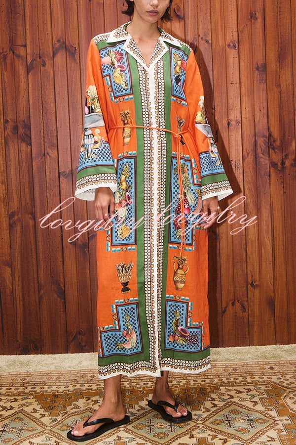 Linen Blend Unique Print Tie-waist Casual Maxi Dress