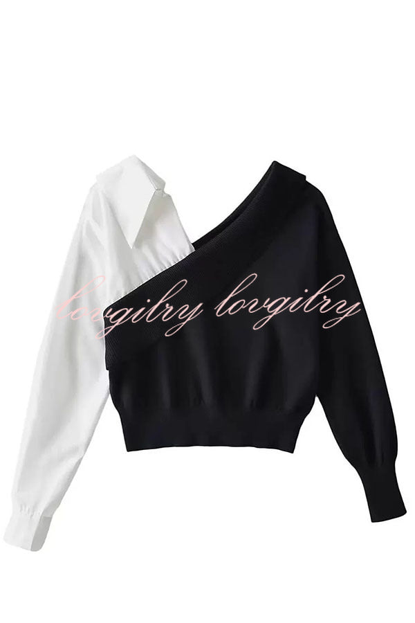 Stylish Patchwork Contrasting Long-sleeved V-neck Casual Sweater