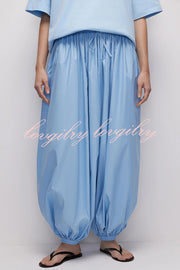 Solid Color Casual Pocket Elastic Waist Lantern Wide Leg Pants