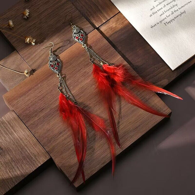 Vintage chain tassel bohemian feather earrings