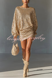 Glow Season Sequin Long Lantern Sleeve Ruched Hip Loose Mini Dress