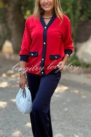 Stylish Color-blocked V-neck Knitted Button-down Cardigan and Elastic Waist Casual Wide-leg Pants Set