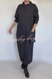 Solid Color Loose Long Sleeve Large Pocket Casual Maxi Dress