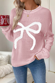 Christmas Contrasting Color Big Bow Round Neck Long Sleeve Loose Knitted Sweater