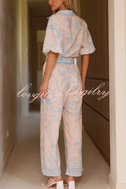 Linen Blend Lapel Puff Sleeve Loose Shirt and Casual Pocket Straight Pants Set
