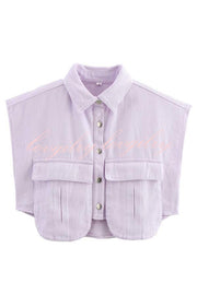 Stylish Weekend Denim Button Up Cape Sleeve Pocket Crop Top