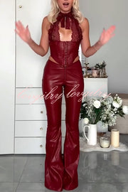 Style Challenge Stretch Faux Leather Lace Halter Tank and Zipper Waist Flare Pants Set