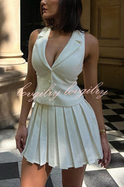 Sexy V-neck Sleeveless Vest and Pleated Mini Skirt Set