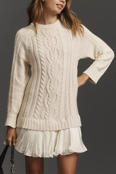 Fashion Loose Round Neck Long Sleeve Knitted Splicing Mini Dress