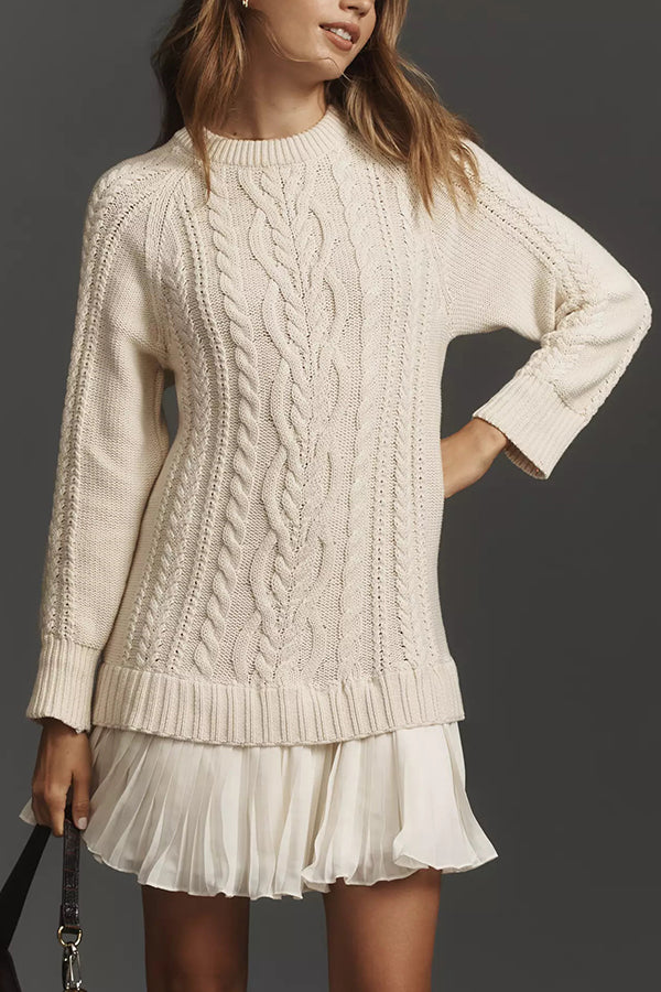 Fashion Loose Round Neck Long Sleeve Knitted Splicing Mini Dress