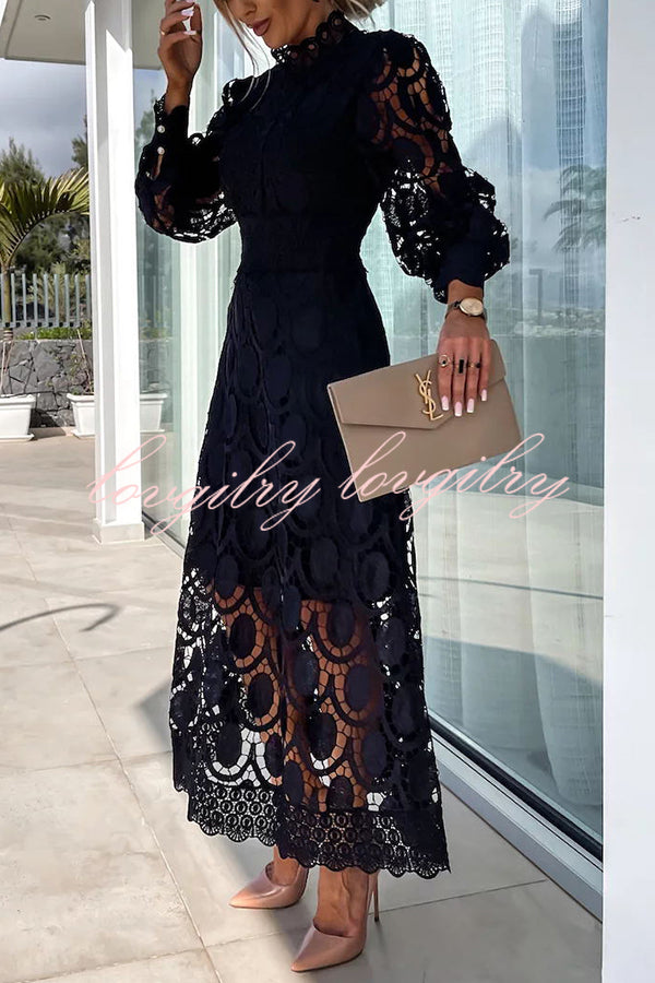 Romantic, Sensual and Elegant Crochet Lace Lantern Sleeve Party Midi Dress