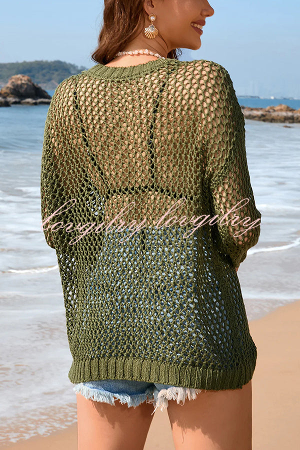 Solid Color Round Neck Long Sleeve Heart Knitted Beach Cover Up