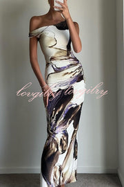 Charming Mentality Abstract Floral Print One Shoulder Stretch Maxi Dress