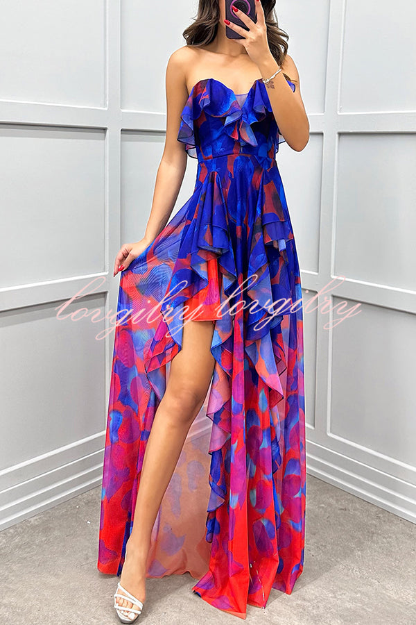 Loving Moment Gradient Unique Print Flowing Layered Ruffles Strapless Slit Maxi Dress