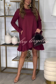 Solid Long Sleeve Round Neck Ruffle Hem Mini Dress