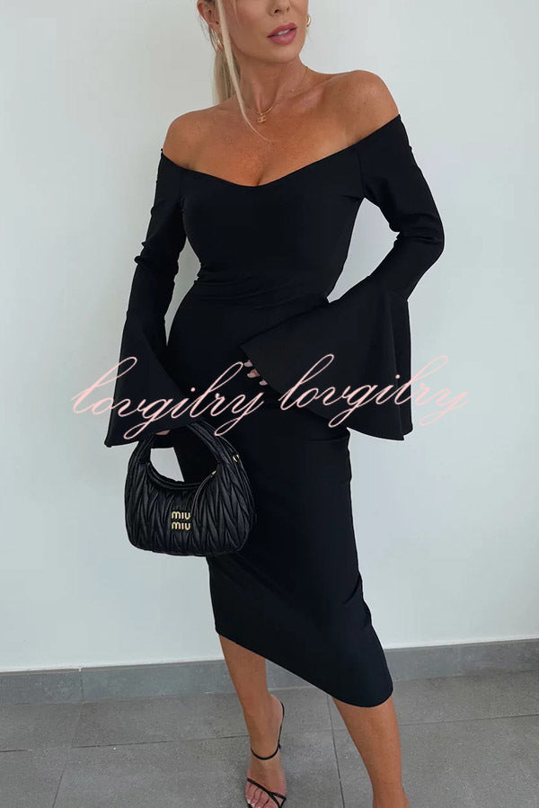 Solid Color Sexy Off-shoulder Trumpet Sleeve Slim Midi Dress