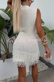 Fashion Knitted Round Neck Sleeveless Slim Fit Fringed Hem Mini Dress