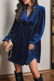 Solid Color Velvet V-Neck Long Sleeve Loose Mini Dress