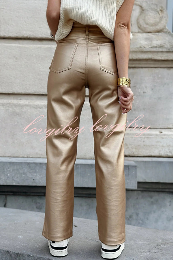 Stylish Metallic Fabric Pocket Casual Straight Wide-Leg Pants