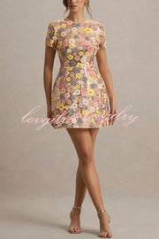 80's Inspired Floral Print Sequin Short Sleeve Stretch Mini Dress