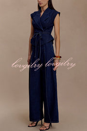 Charley Denim Button Up Cap Short Sleeve Structured Tie-up Lapel Top