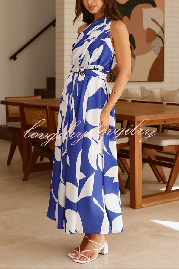 Unique Print Sleeveless One Shoulder Belted Maxi Dress