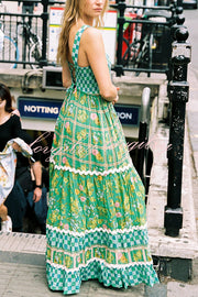 Yolanda Ric Rac Trims Unique Print Smocked Bust Back Lace-up Maxi Dress