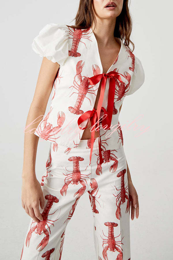 Fun Vacation Lobster Print Front Tie-up Puff Sleeve Loose Shirt