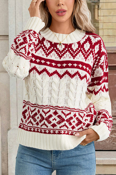 Christmas Ethnic Style Round Neck Long Sleeve Loose Cable Knit Sweater