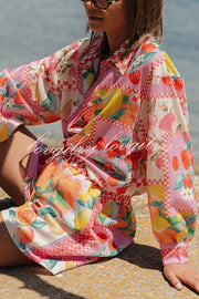 Leisurely Outings Summer Fruit Print Loose Long Sleeve Shirt and Elastic Waist Pocket Shorts Set