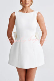 Stylish Pearl-embellished Large Bow Slim-fit Mini Dress