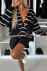 Fashion and Comfort Knit Striped Button Up Pocket Hoodie Cardigan