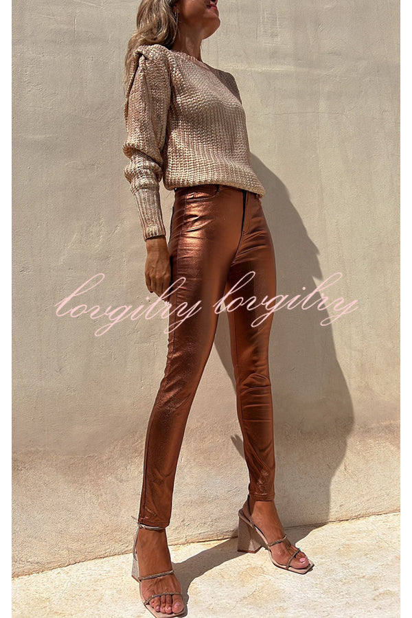 Sweet and Glitzy Metallic Color Pocket Faux Leather Stretch Pants