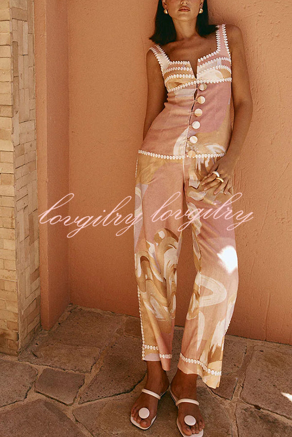 European Summer Linen Blend Ric Rac Trims High Rise Pocket Loose Pants