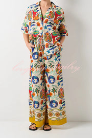 Linen Blend Unique Print Loose Short Sleeve Shirt and Elastic Waist Tie Pocket Pants Set