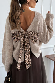 Gisella Knit Back Slit Leopard Print Bow Design Long Sleeve Relaxed Sweater