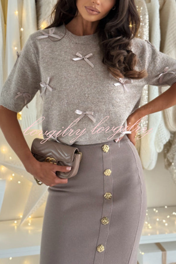 Light The Night Knit Satin Bow Detail Short Puff Sleeve Sweater