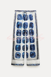 Unique Print Lapel Long Sleeve Shirt and Elastic Waist Wide Leg Pants Set