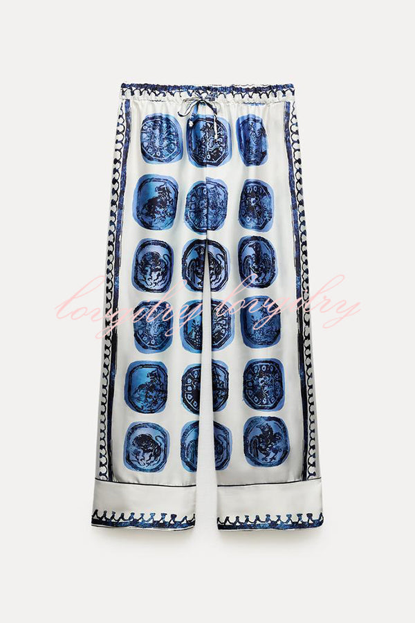 Unique Print Lapel Long Sleeve Shirt and Elastic Waist Wide Leg Pants Set