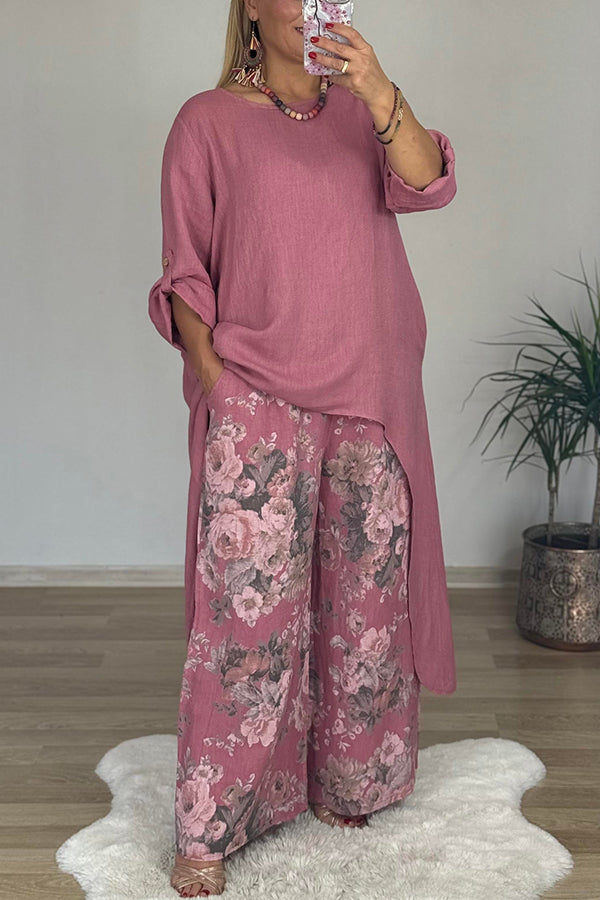 Linen Blend Crew Neck Long Sleeve Irregular Loose Top and Elastic Waist Floral Print Casual Pocket Set
