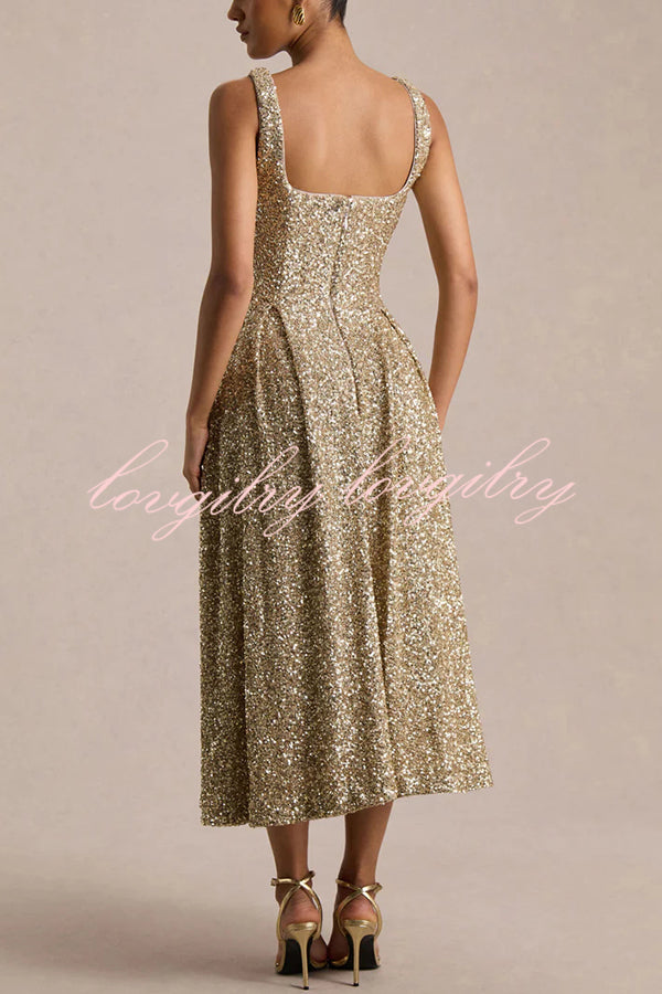 Effortless Sparkle Sequin Square Neck Wide Strap A-Line Midi Dress