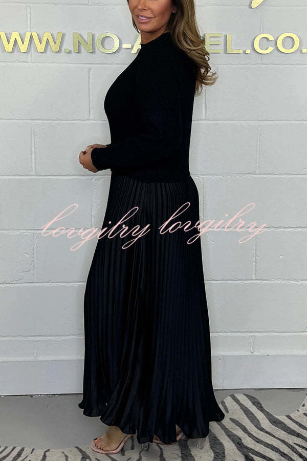 Audrey Ribbed Knit Long Sleeve Top Patchwork Satin Pleated Maxi Dress